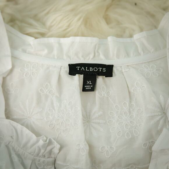Talbots Size XL White Eyelet Embroidered Hem Detail Split V Neck Long Sleeve Top - Picture 4 of 6
